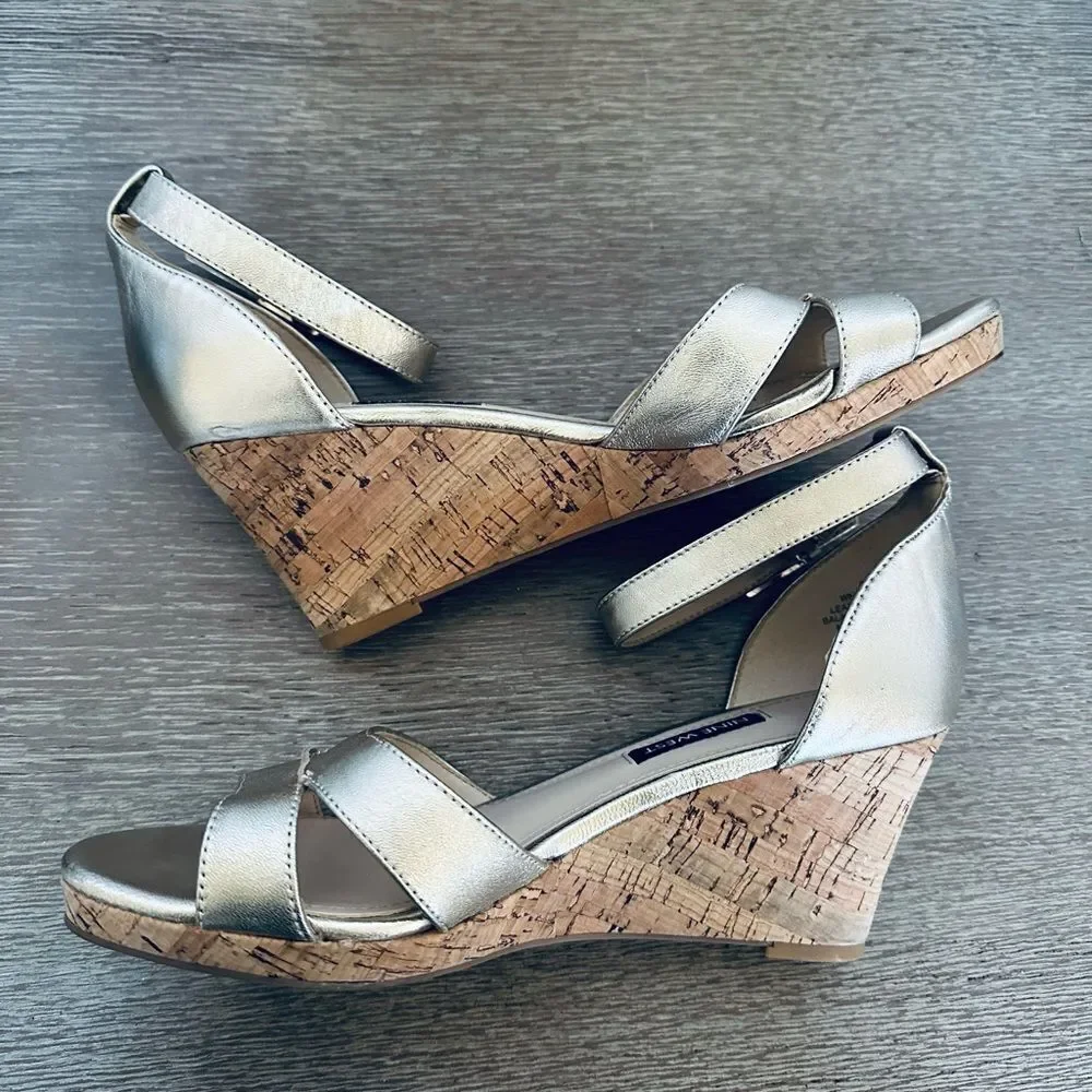 Nine West Gold Metallic Leather Wedge Cork Heel Sandals 8